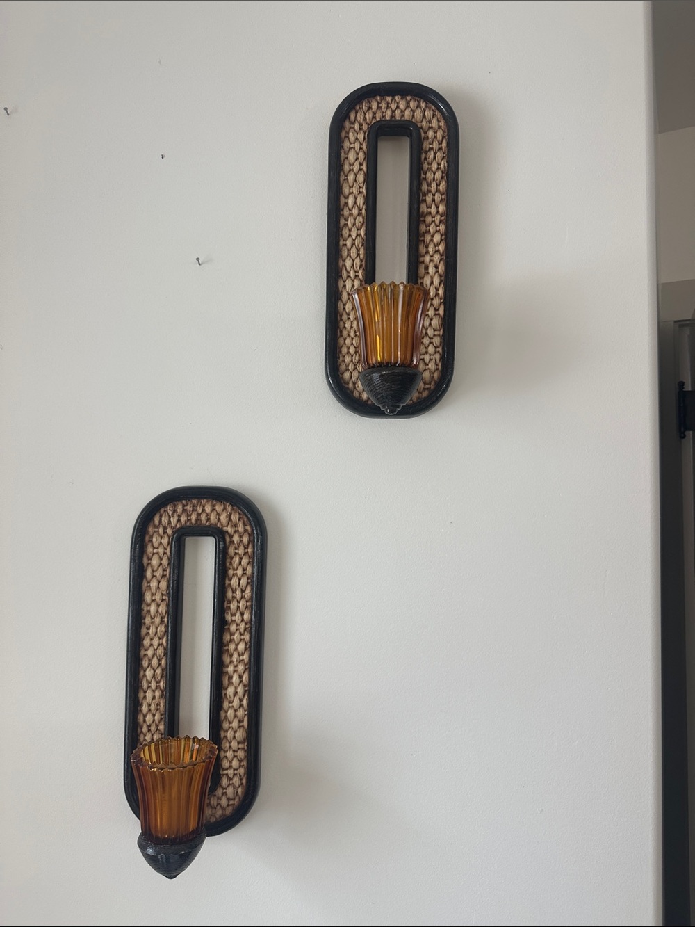 Vintage 1970s Homco Dart Ind Boho Chic Faux Wicker w/Amber Candle Sconces - 2